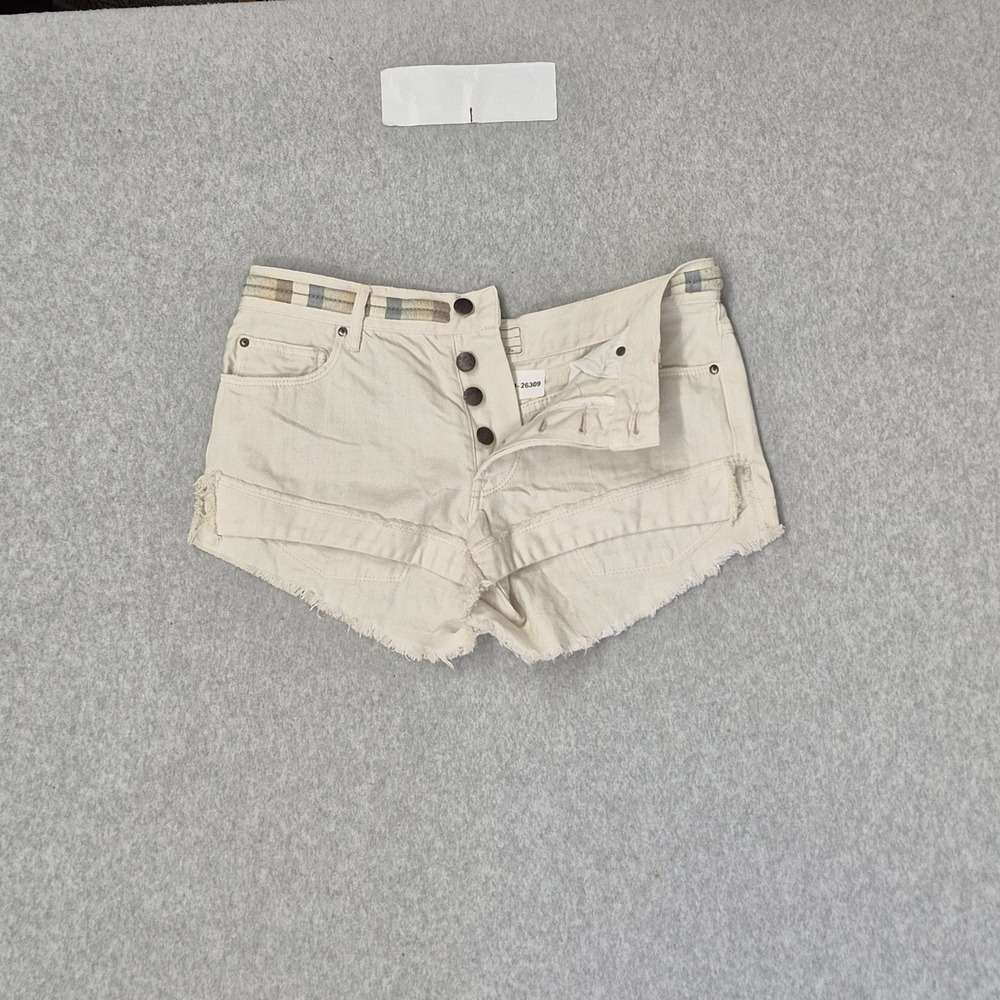 Free People Women Shorts 26 Beige Denim Plaid Cutoff Shorts Button Fringe Eliot